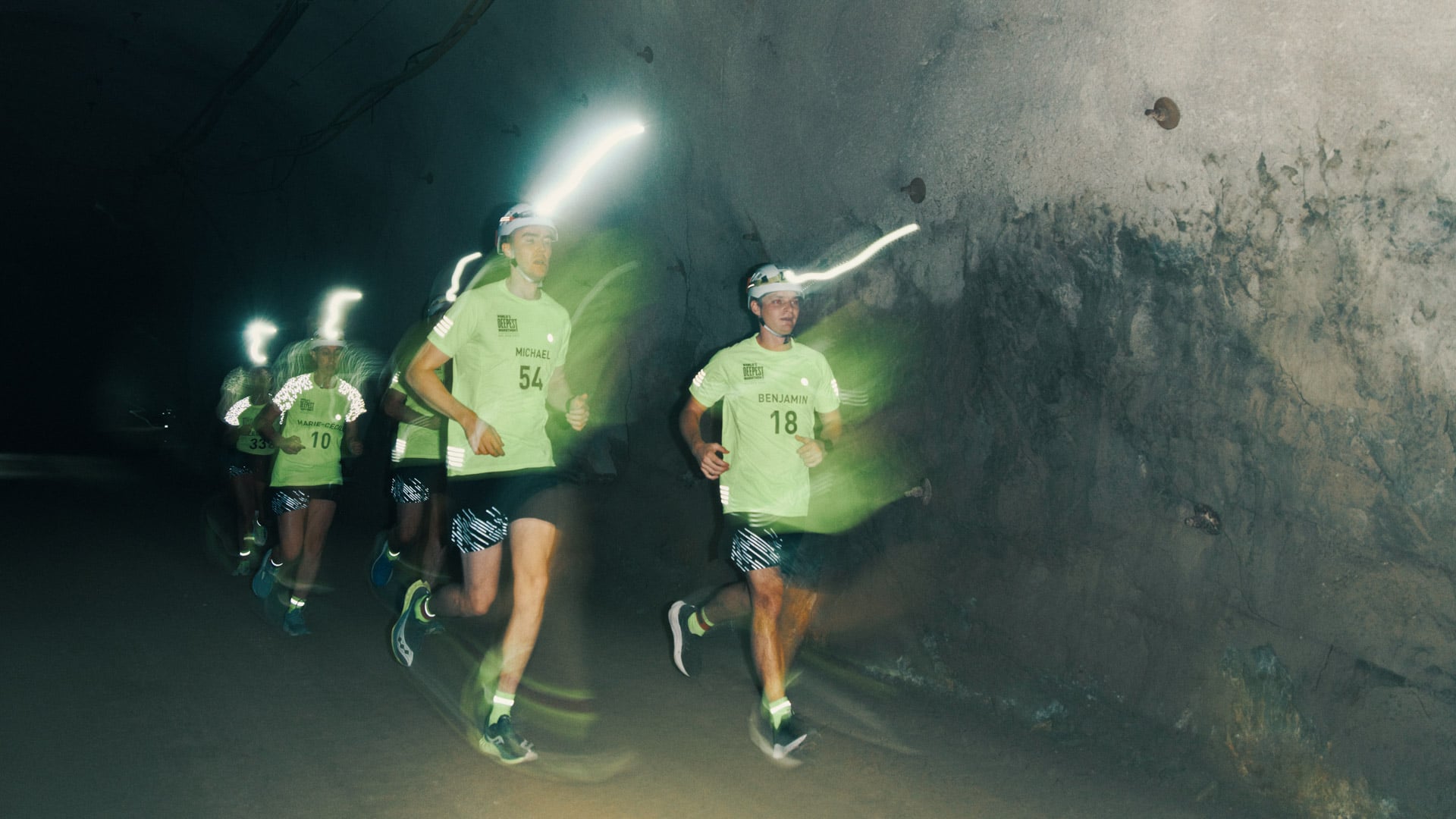 Marathon runners in an underground mine.